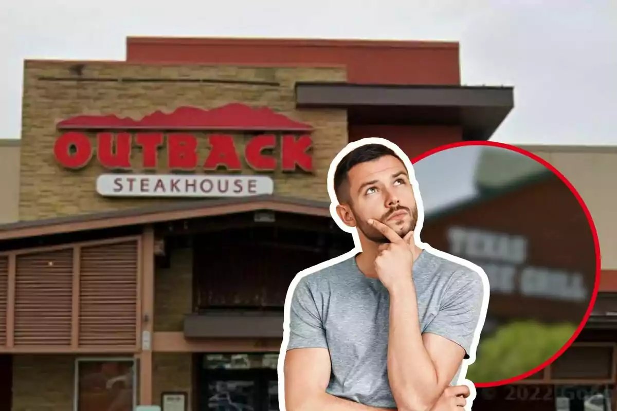 A thoughtful man in front of the facade of an Outback Steakhouse restaurant.