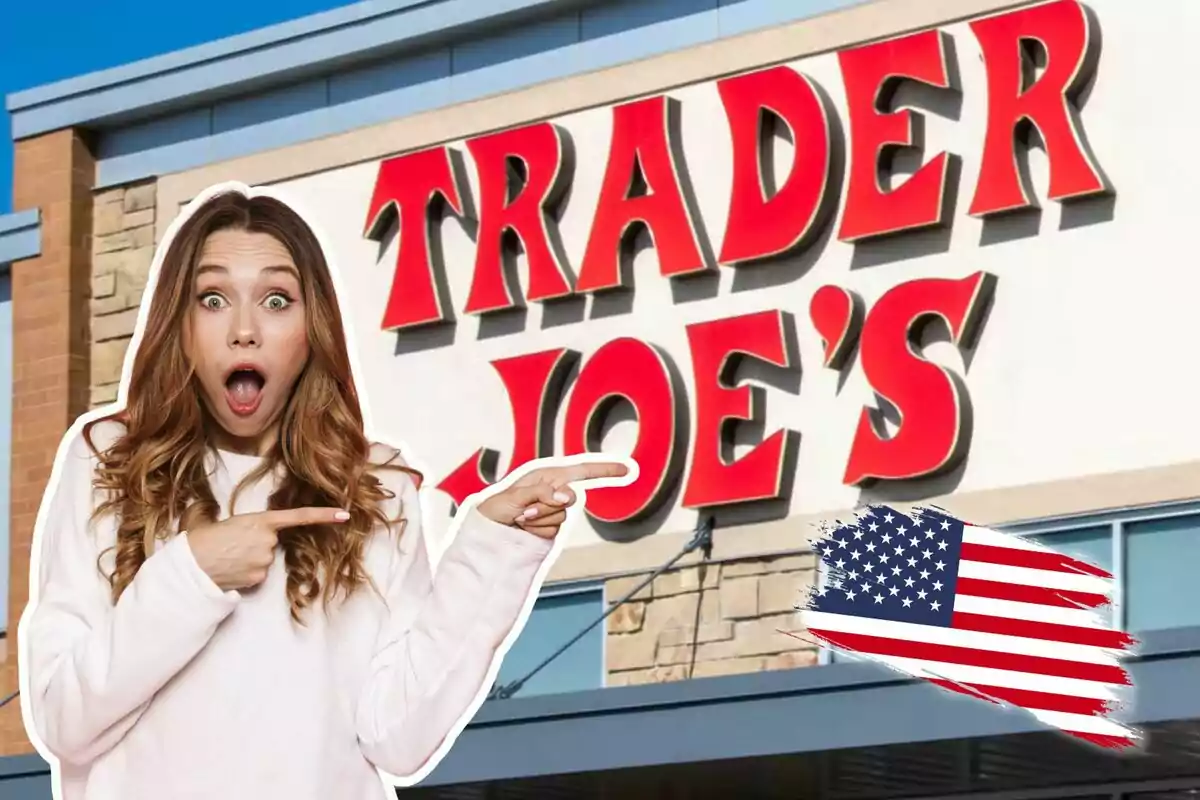 A surprised woman points to the sign of a Trader Joe's store with a United States flag in the corner. A surprised woman points to the sign of a Trader Joe's store with a United States flag in the corner.