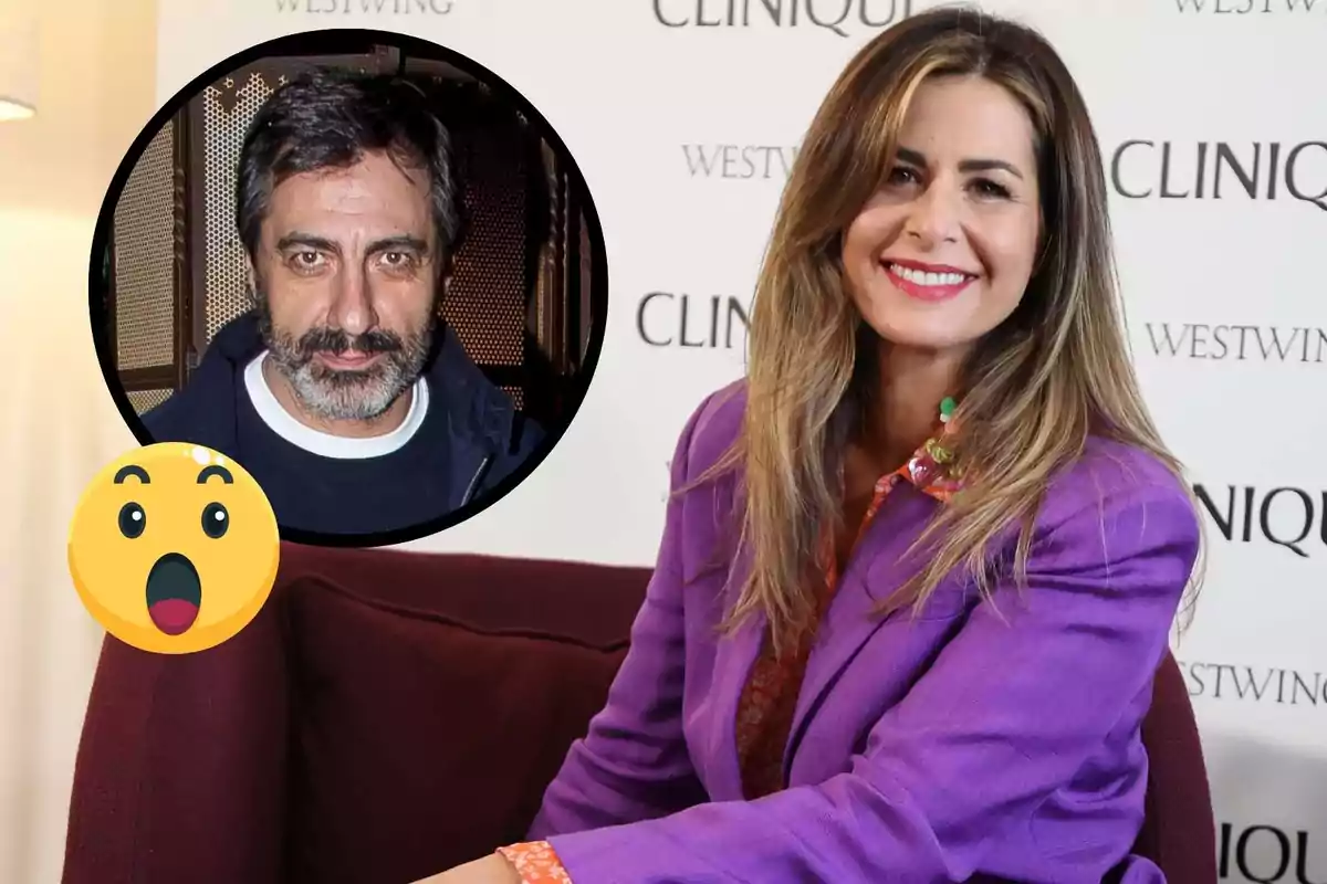 Nuria Roca amb un sac morat asseguda davant d'un fons amb logotips de Clinique i Westwing, amb un cercle que mostra Juan del Val i un emoji sorprès.