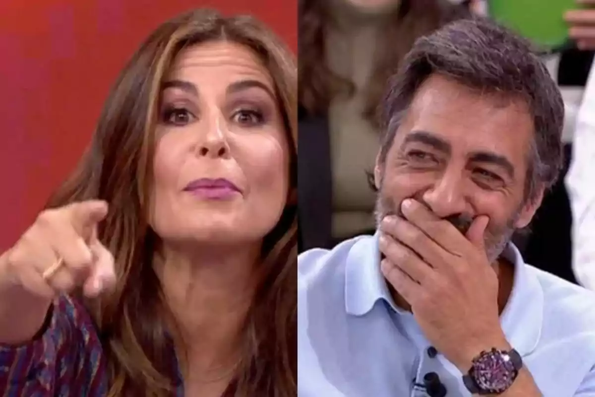 Nuria Roca amb gest enfadada i assenyalant amb el dit a l'esquerra amb Juan del Val nerviós amb la mà a la cara a la dreta, tots dos a La Roca. Nuria Roca amb gest enfadada i assenyalant amb el dit a l'esquerra amb Juan del Val nerviós amb la mà a la cara a la dreta, tots dos a La Roca.