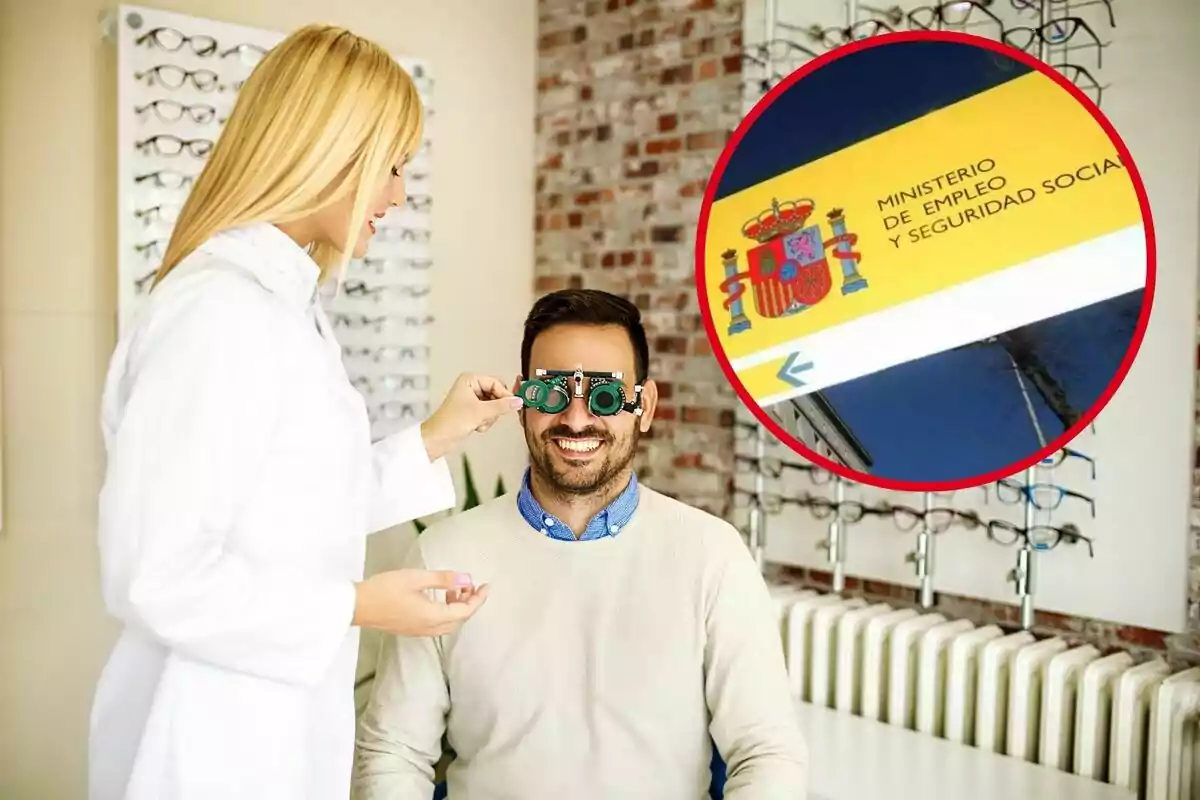 Una optometrista fa un examen de la vista a un home somrient, mentre que a la cantonada superior dreta es mostra el logotip del Ministeri d'Ocupació i Seguretat Social d'Espanya.