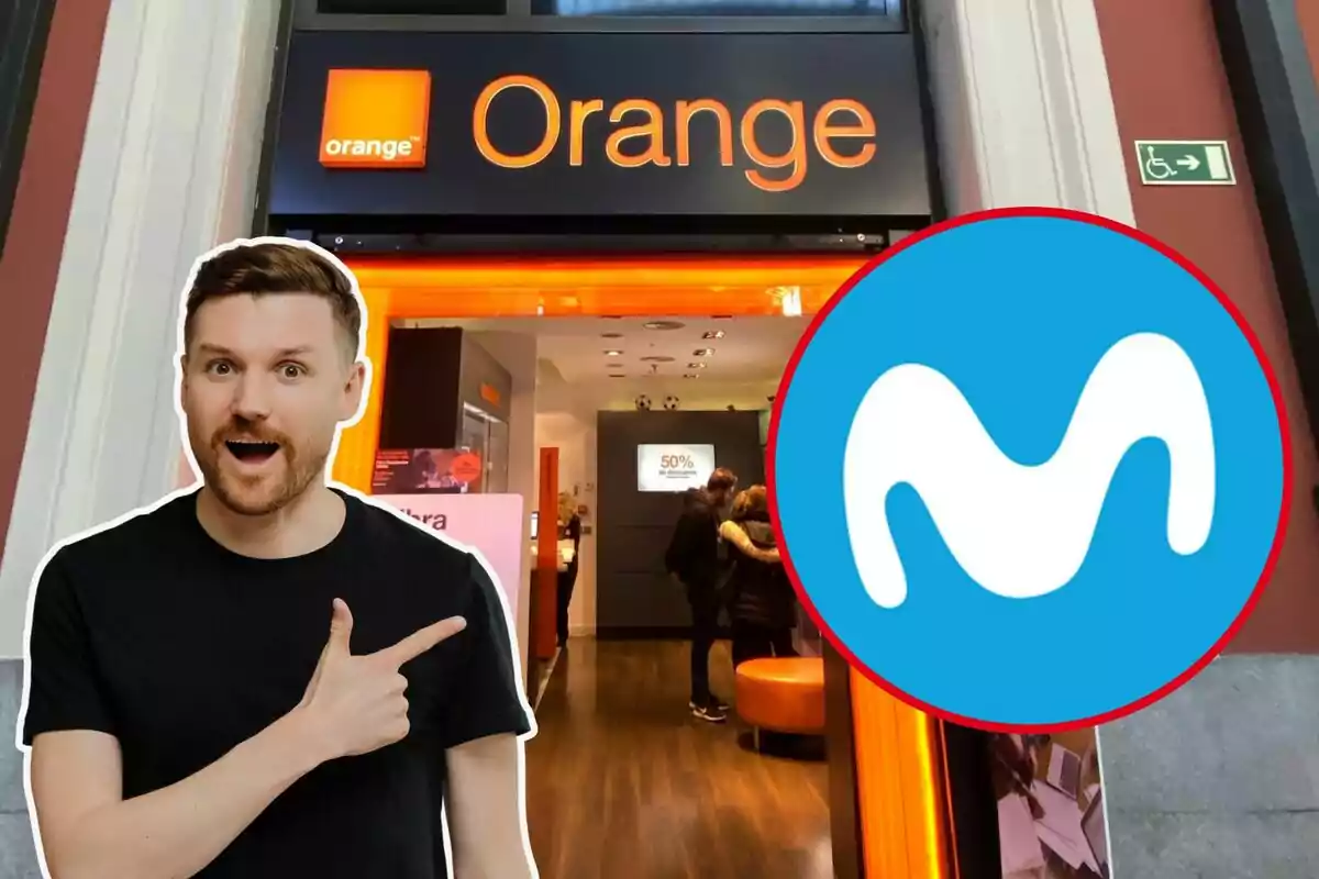 Un home assenyalant amb sorpresa una botiga d'Orange amb el logotip de Movistar superposat.