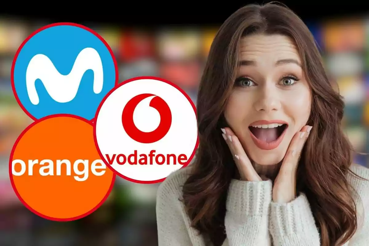 Dona sorpresa amb logos de Movistar, Vodafone i Orange al fons.