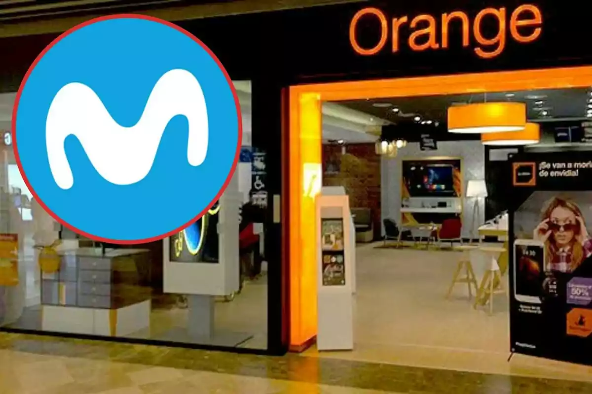 Logotip de Movistar superposat sobre una botiga d'Orange.