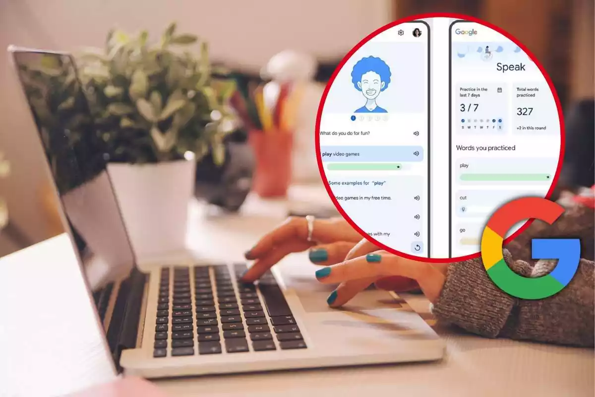 Muntatge amb una persona usant un ordinador portàtil i un cercle amb la nova aplicació gratuïta de Google per aprendre anglès, juntament amb el logo