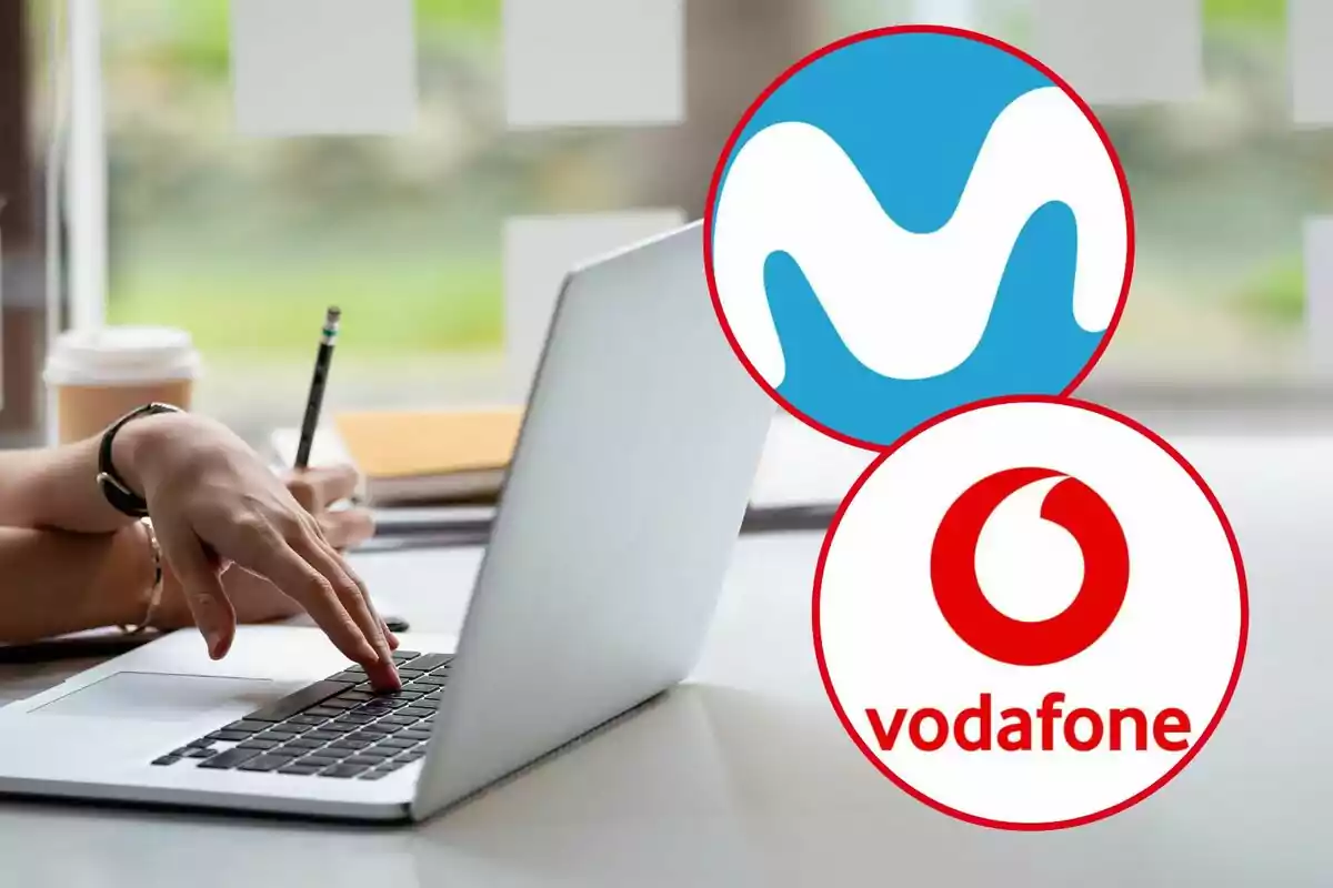 Muntatge amb un ordinador i els logos de Movistar i Vodafone