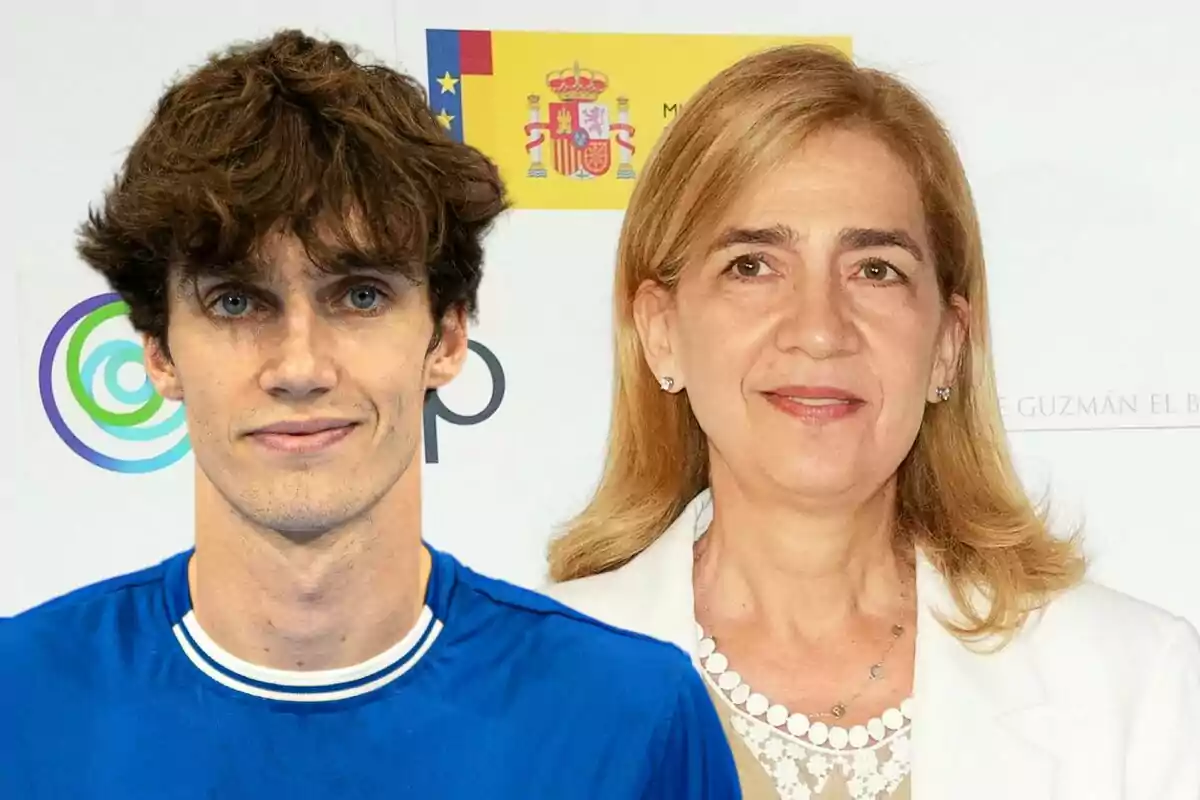 Pablo Urdangarin i la infanta Cristina posen davant d'un fons amb banderes i logotips.