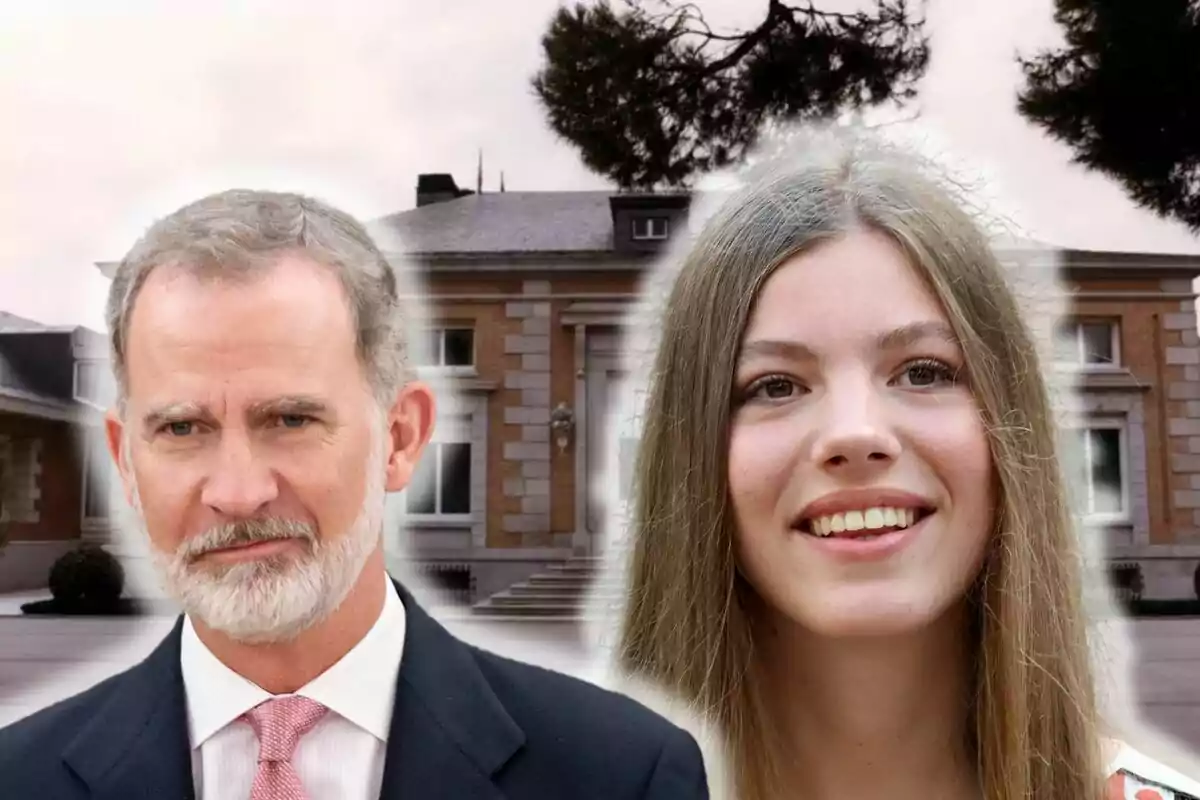 Muntatge del palau de la Zarzuela, Felip VI somrient en vestit negre i corbata vermella i la infanta Sofia somrient