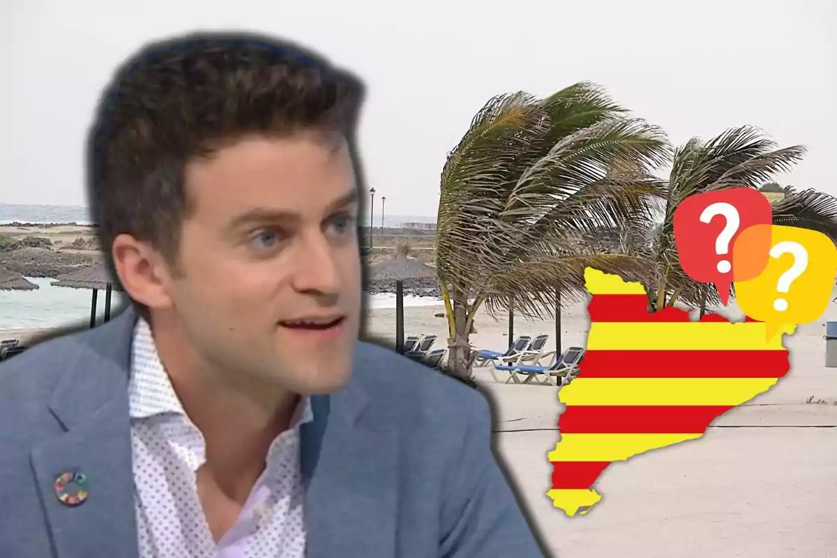 A man in a blue jacket and white jersey appears in the foreground, while in the background there is a beach with palm trees and a silhouette with red and yellow stripes and question marks.