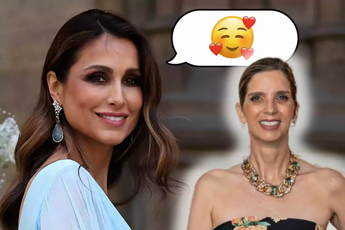 Paloma Cuevas i Margarita Vargas somrients amb un emoji de cara somrient amb cors en un globus de diàleg.