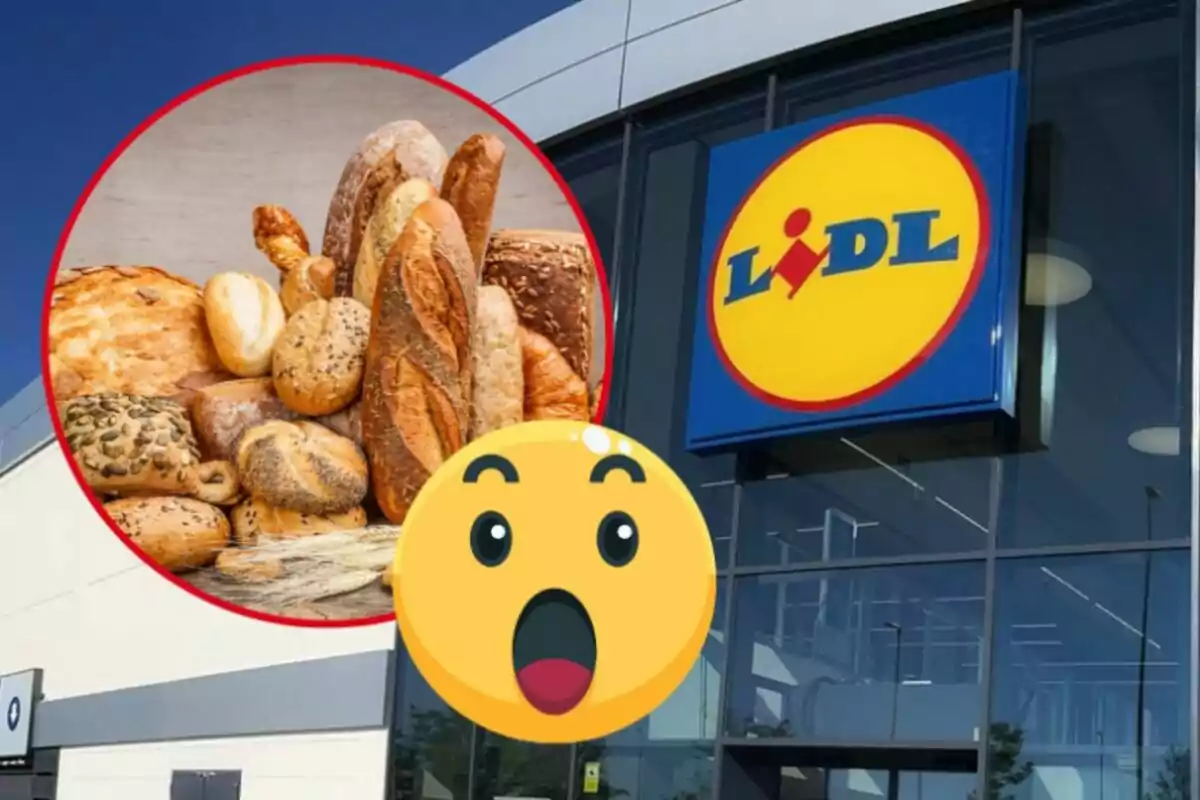 Una botiga de Lidl amb un cercle que mostra una varietat de pans i un emoji sorprès en primer pla.