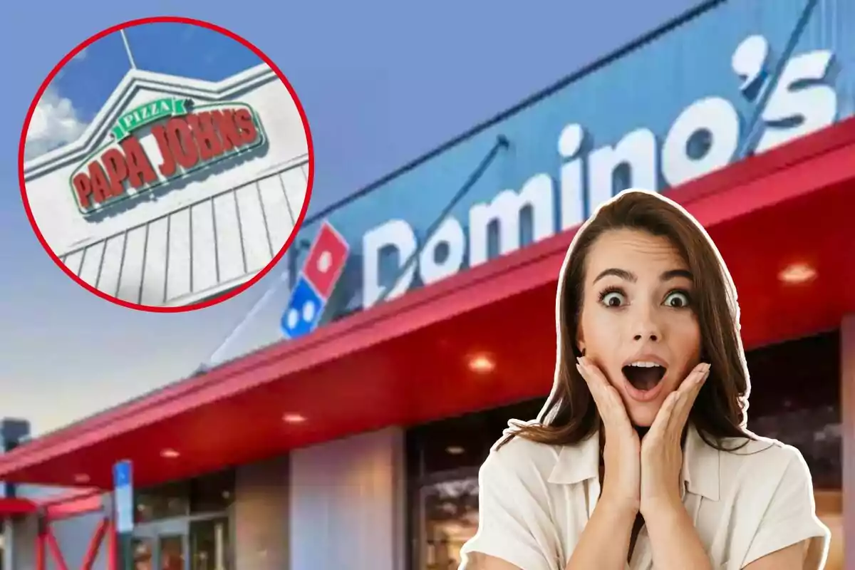 Una mujer con expresión de sorpresa frente a una sucursal de Domino's Pizza y un recuadro con el logo de Papa John's.