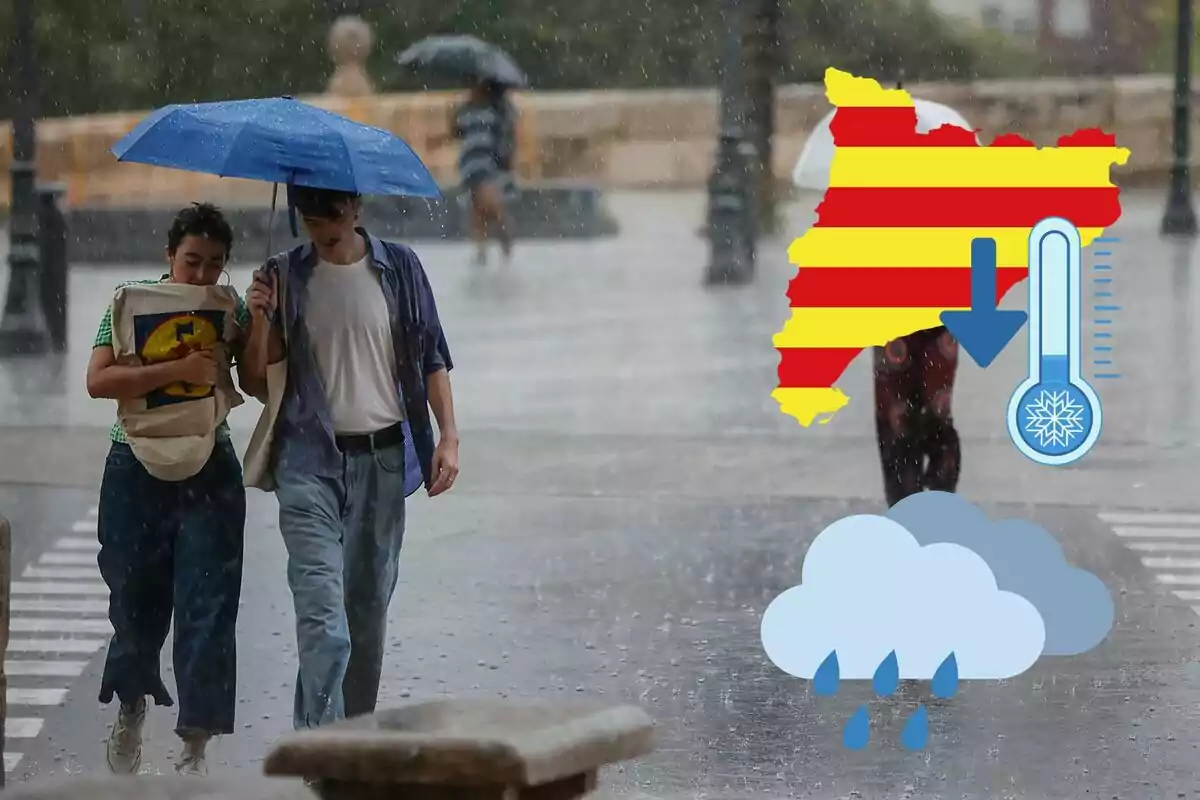 Montage of a couple walking in the rain with a blue umbrella, the silhouette of Catalonia, a thermometer with an arrow pointing down and some clouds with drops Montage of a couple walking in the rain with a blue umbrella, the silhouette of Catalonia, a thermometer with an arrow pointing down and some clouds with drops