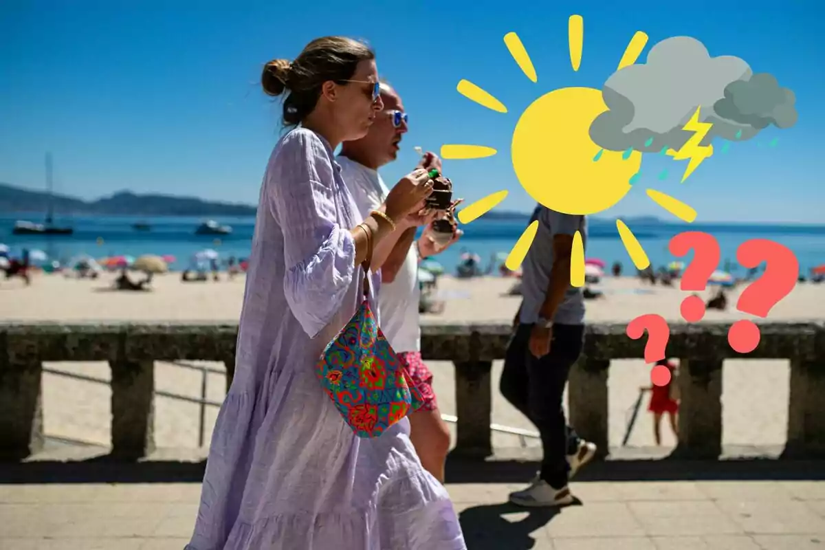 People walking on the beach with a drawing of sun, clouds and question marks. People walking on the beach with a drawing of sun, clouds and question marks.
