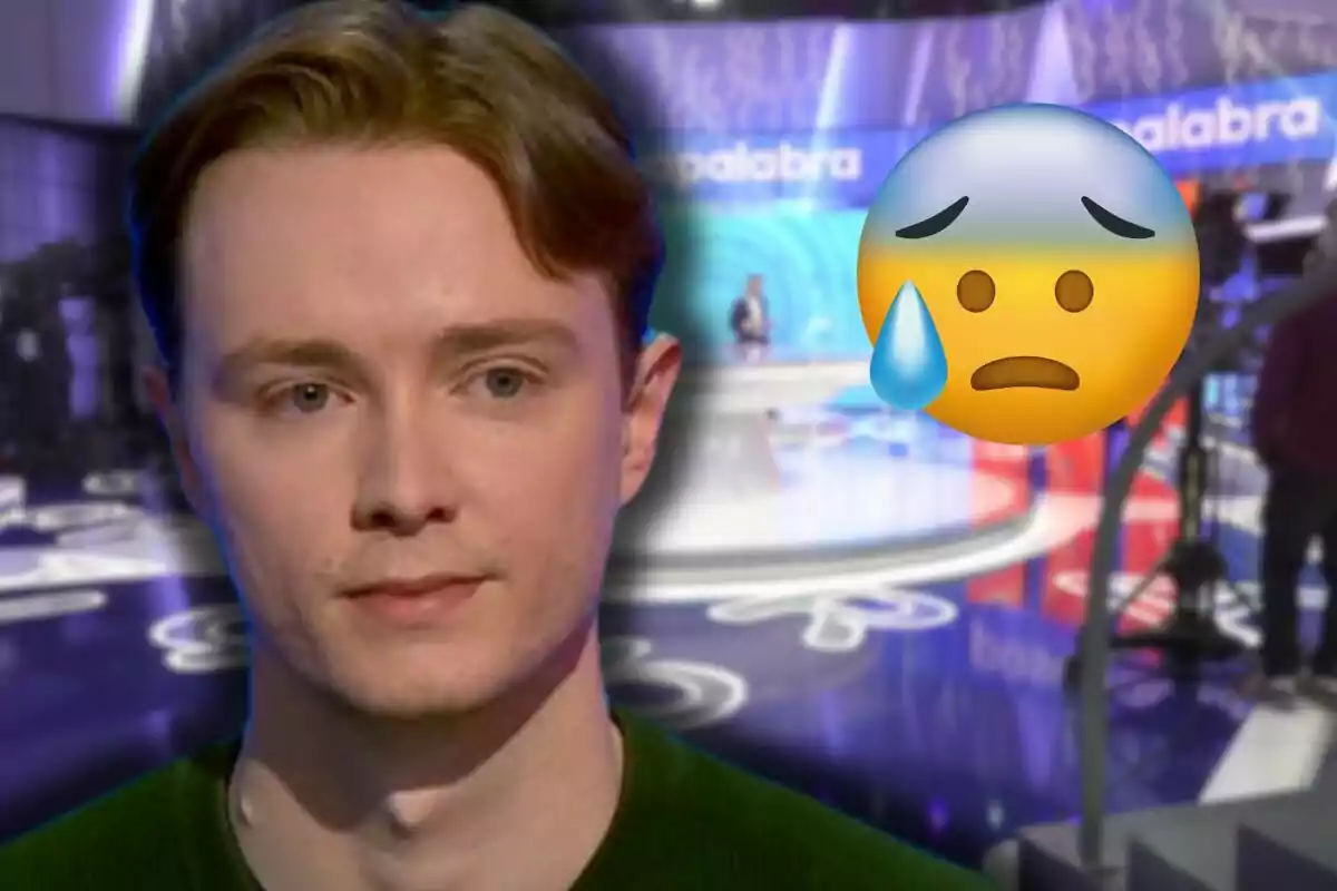 Manu with a serious expression appears in the foreground with a large sad face emoji and a tear over a blurred television studio background.