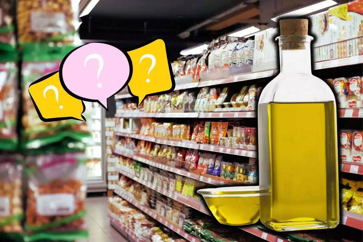 Muntatge d´un passadís d´un supermercat amb la imatge d´una ampolla d´oli d´oliva i diversos símbols d´interrogació