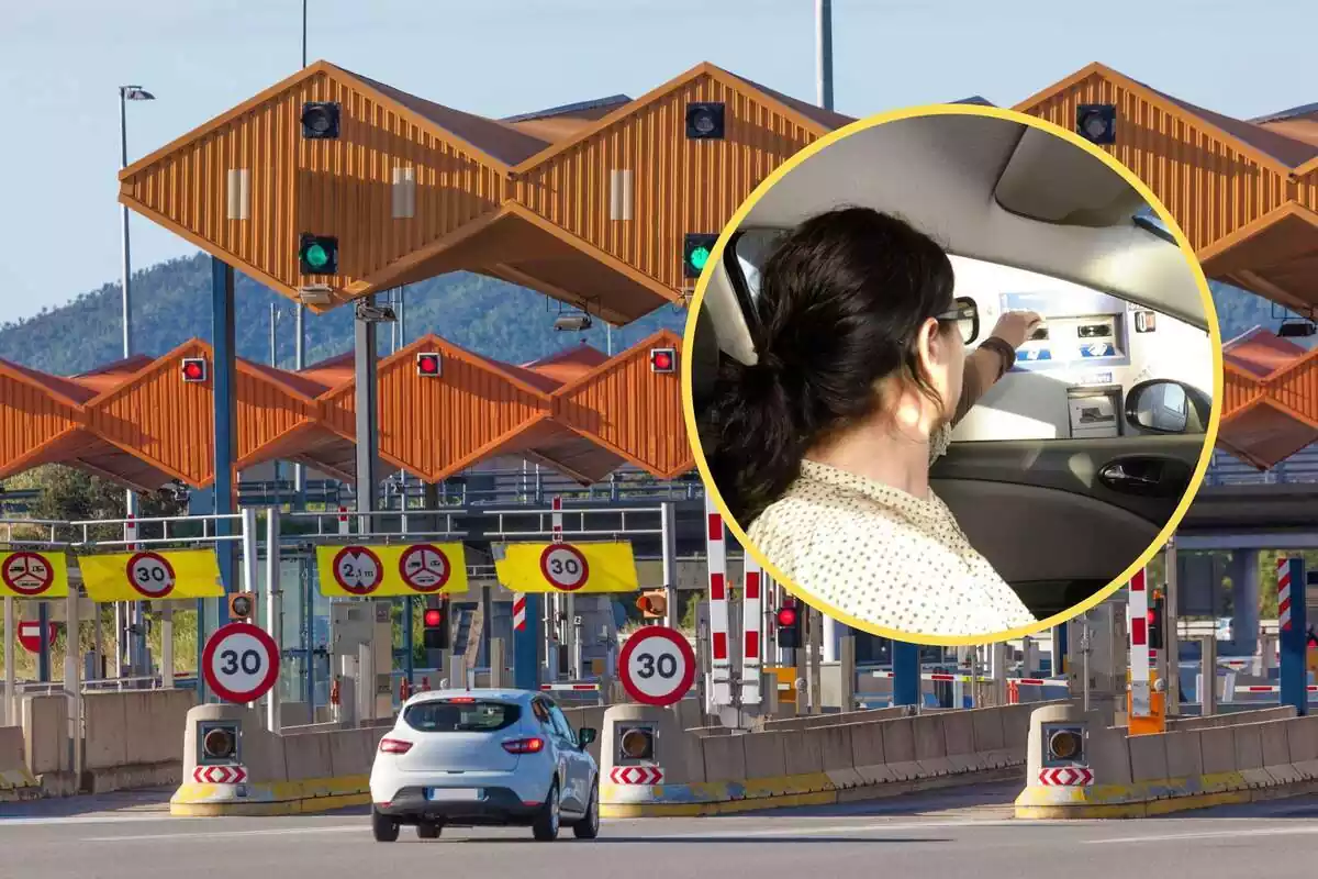 Muntatge de la vista exterior d´una parada de peatges i una rodona d´una senyora en un cotxe pagant un peatge