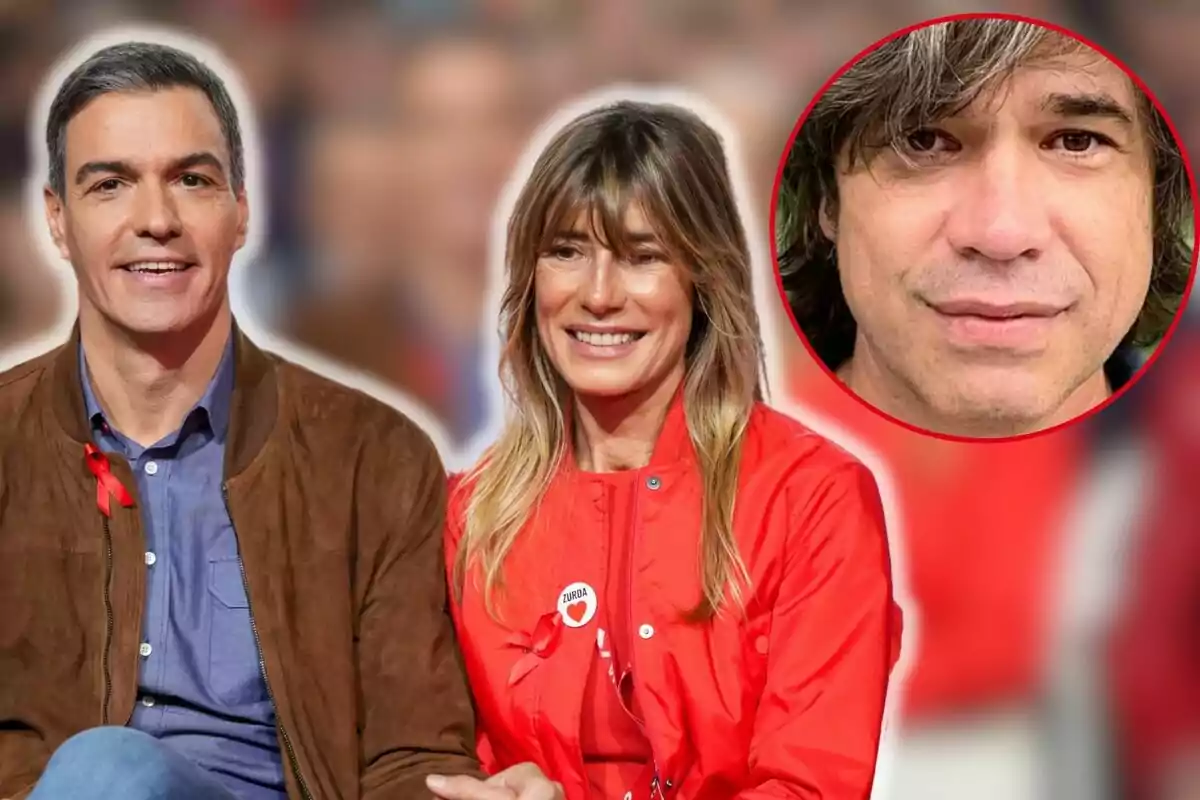 Pedro Sánchez i Begoña Gómez somrients amb jaquetes vermelles i un llaç vermell, amb Miguel Ángel Gómez en un cercle vermell a la cantonada superior dreta.