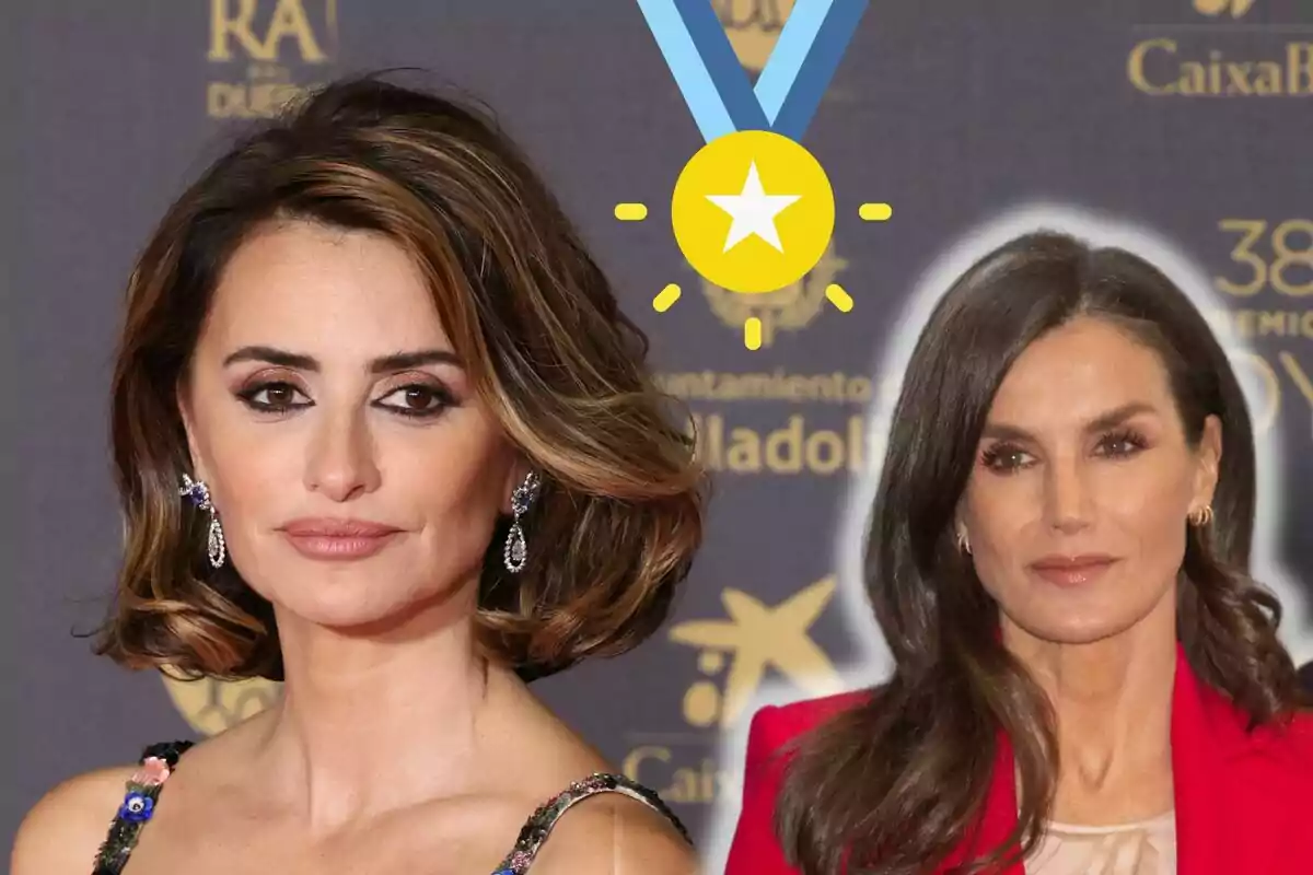 Penélope Cruz i Letizia posen en un esdeveniment amb fons de logotips i una medalla gràfica sobre elles.