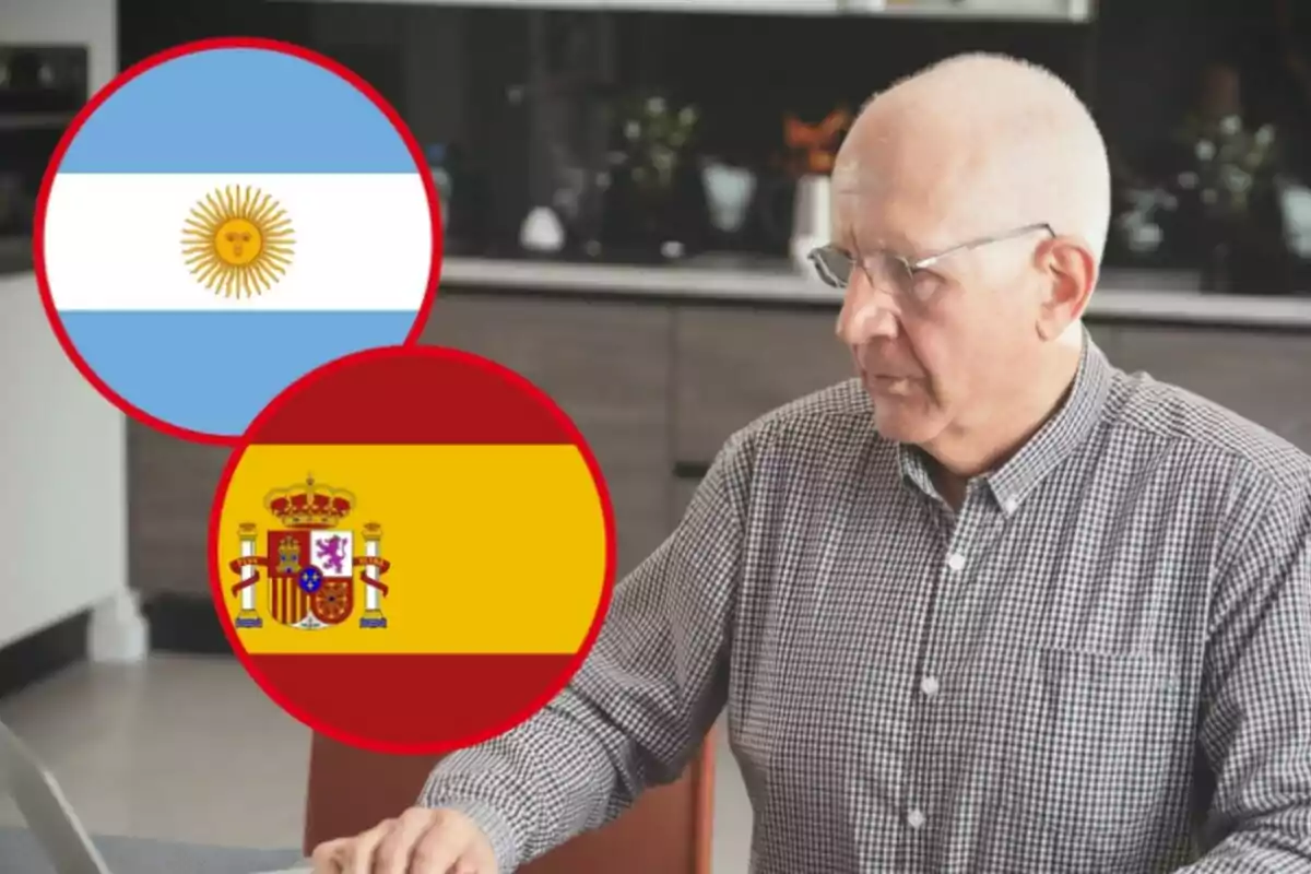 Home major usant un ordinador portàtil amb les banderes d'Argentina i Espanya superposades.