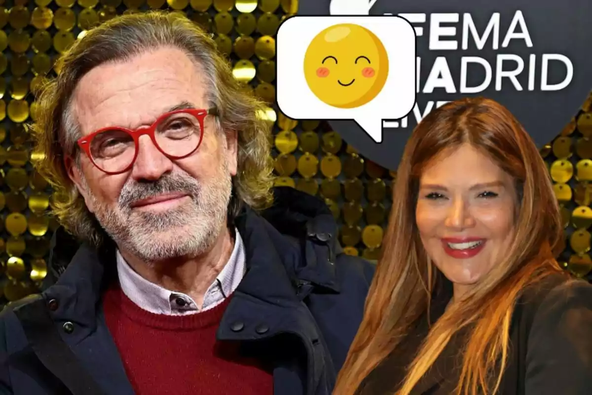 Pepe Navarro i Ivonne Reyes somrients posen davant d'un fons daurat amb un emoji somrient en un globus de diàleg.