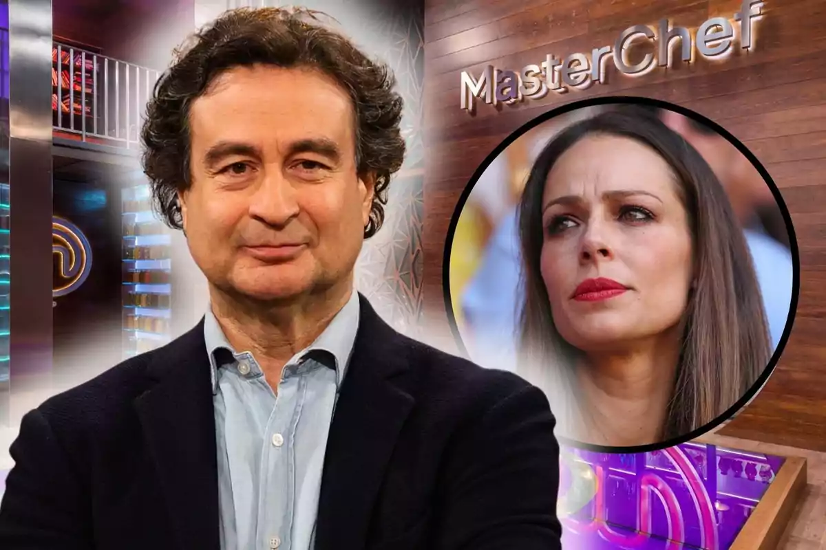 Pepe Rodríguez està davant d?un fons del programa MasterChef amb el logo visible i una imatge circular d Eva González al costat dret.