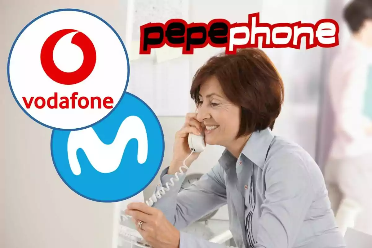 Una dona somrient parla per telèfon mentre els logotips de Vodafone, Movistar i Pepephone suren al seu voltant.