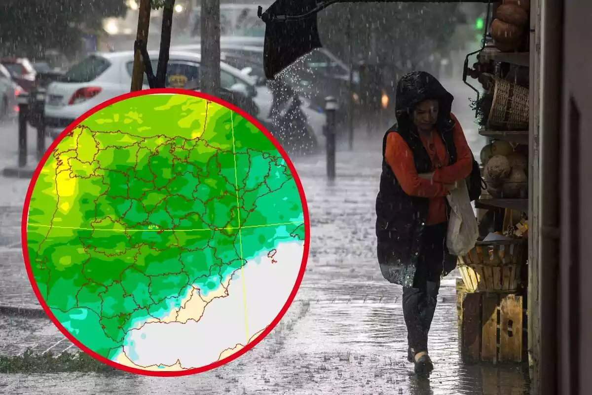 Muntatge amb una dona a peu pel carrer en ple temporal de pluja i un cercle amb el mapa de precipitacions de l'AEMET