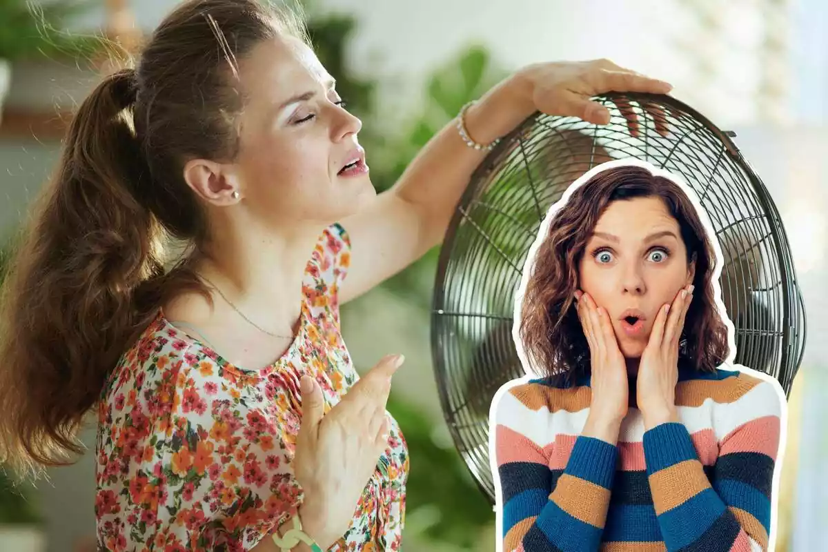 Muntatge d´una dona passant calor amb un ventilador i una dona sorpresa