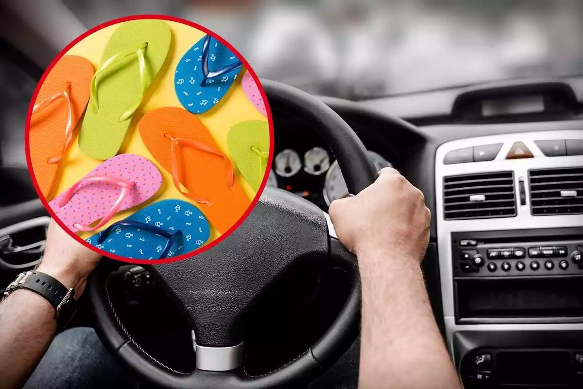 Muntatge amb una persona conduint un cotxe i un cercle amb diverses xancletes de colors