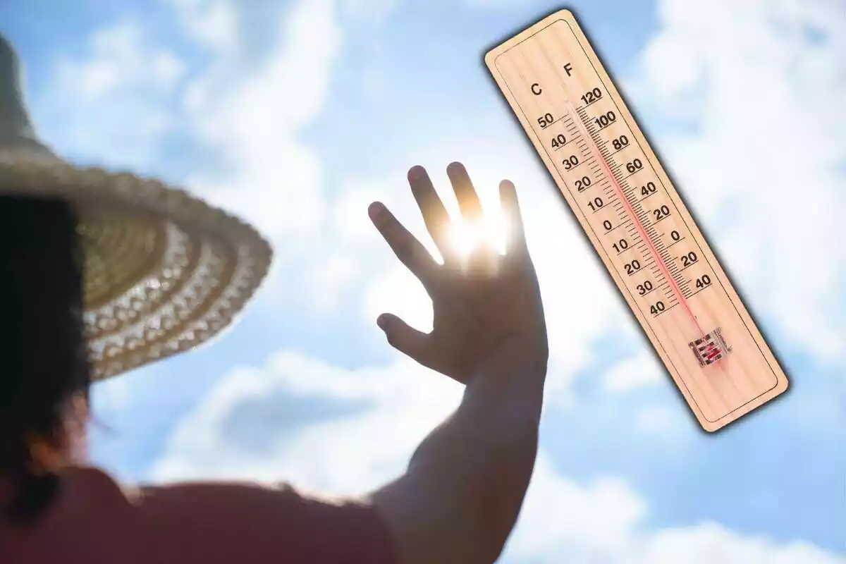 Muntatge d'una persona mirant al sol junt a un termòmetre