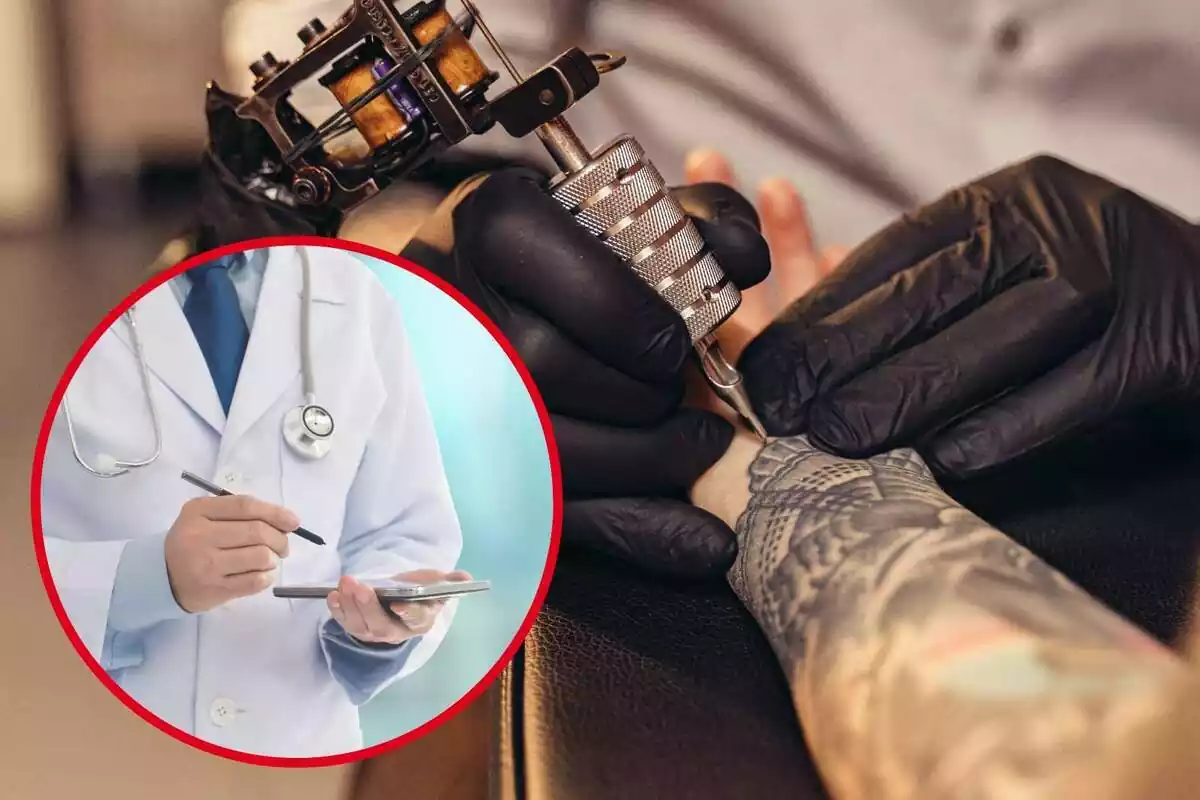 Muntatge amb una persona tatuant-se el braç i un cercle amb el pla detall d'un metge amb bata blanca