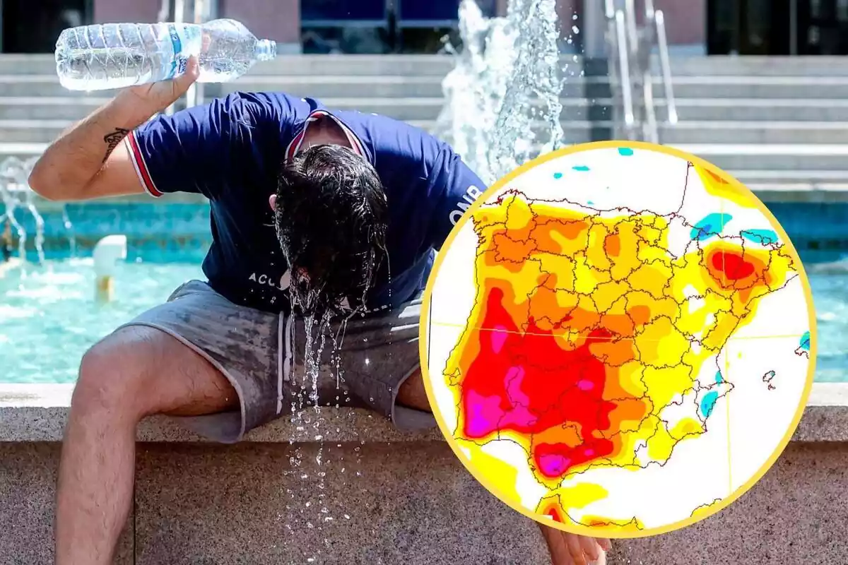 Muntatge amb una persona asseguda llençant-se aigua al cap i un cercle amb el mapa de temperatures de l'AEMET