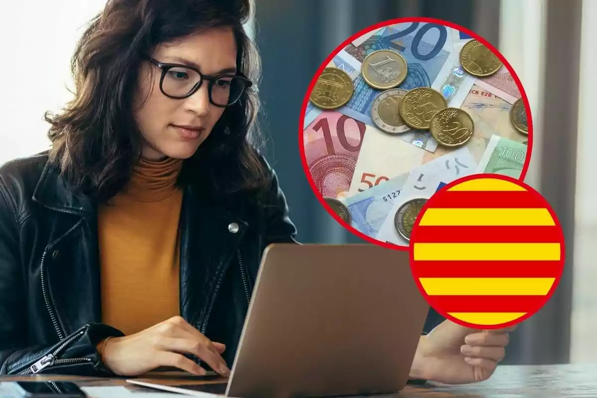 Dona amb ulleres usant una portàtil, amb un gràfic superposat que mostra bitllets i monedes d'euro al costat d'un símbol de ratlles vermelles i grogues.