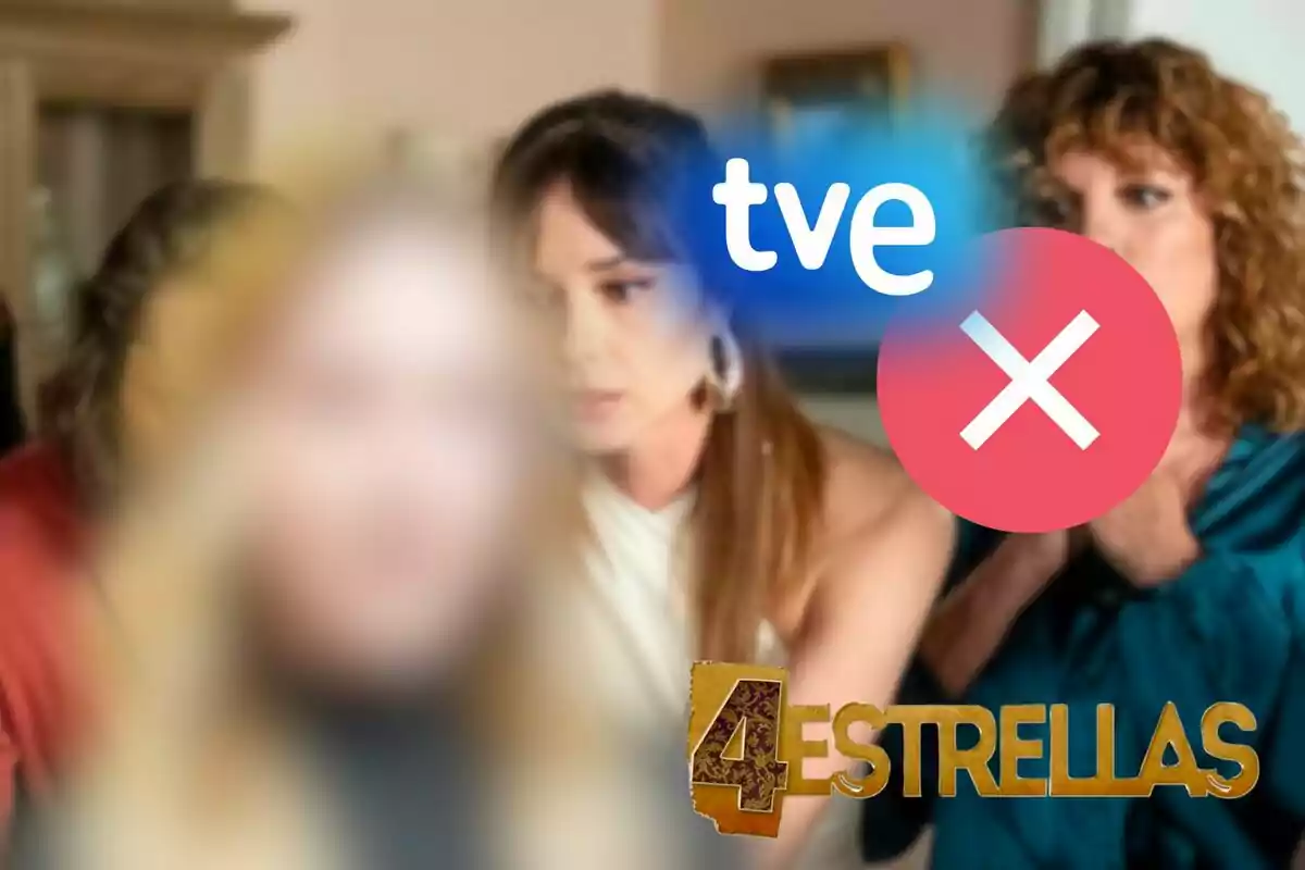 Muntatge dels personatges de '4 estrelles', Denisse Peña desenfocada, el logotip de TVE amb una creu i el de la sèrie