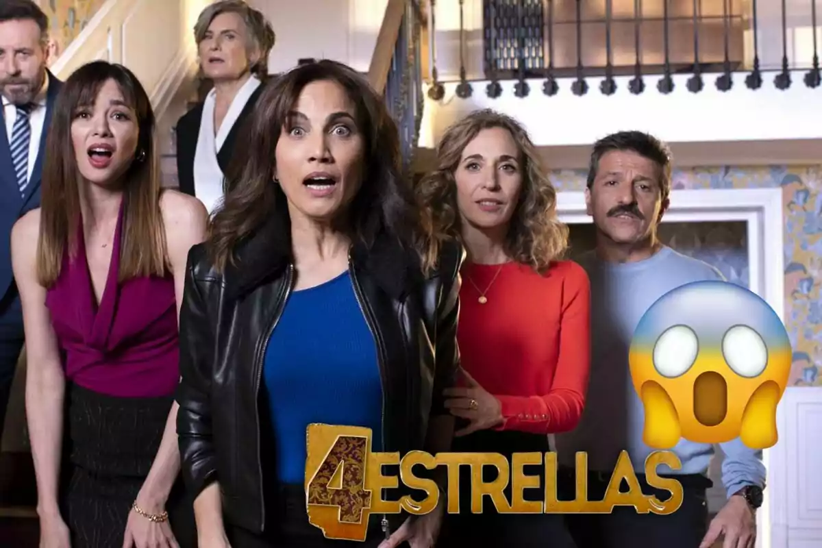 Persones sorpreses en una escala amb el logo "4 Estrellas" i un emoji de cara sorpresa.