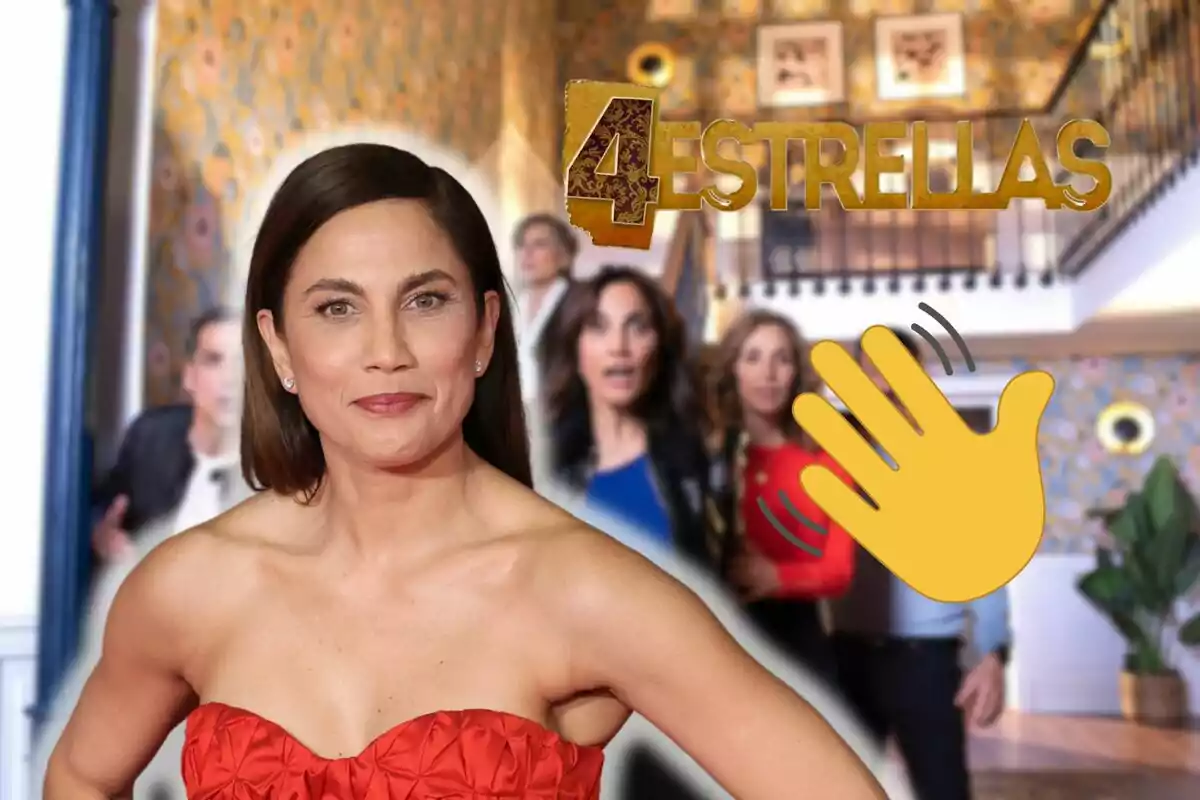 Muntatge dels personatges de '4 estrelles', Toni Acosta somrient amb un vestit vermell sense mànigues, el logo de la sèrie i una mà dient adéu