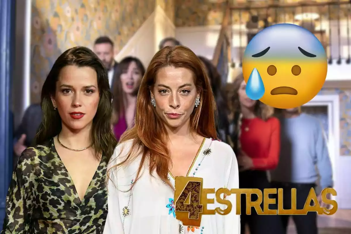 Ana Jara i Belén Écija posen davant d'un grup de persones en un ambient interior, amb un emoji de cara trista i una llàgrima al costat dret de la imatge i el text "4 Estrelles" a la part inferior.