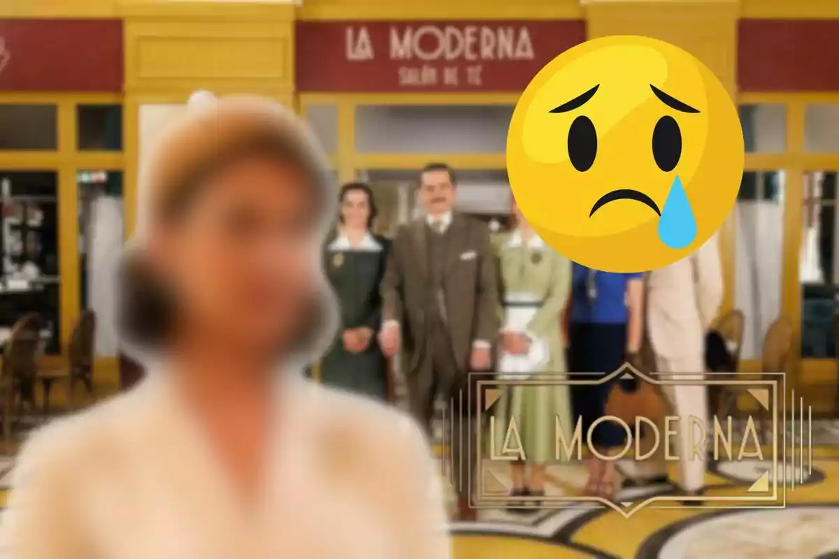 Muntatge dels personatges de 'La Moderna', la senyora Carla desenfocada, un emoji trist i el logo de la sèrie