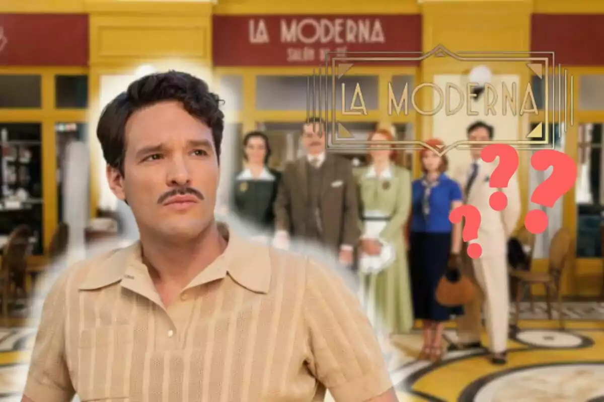 Muntatge dels personatges de 'La Moderna', Íñigo seriós amb pol marró, el logo de la sèrie i uns interrogants