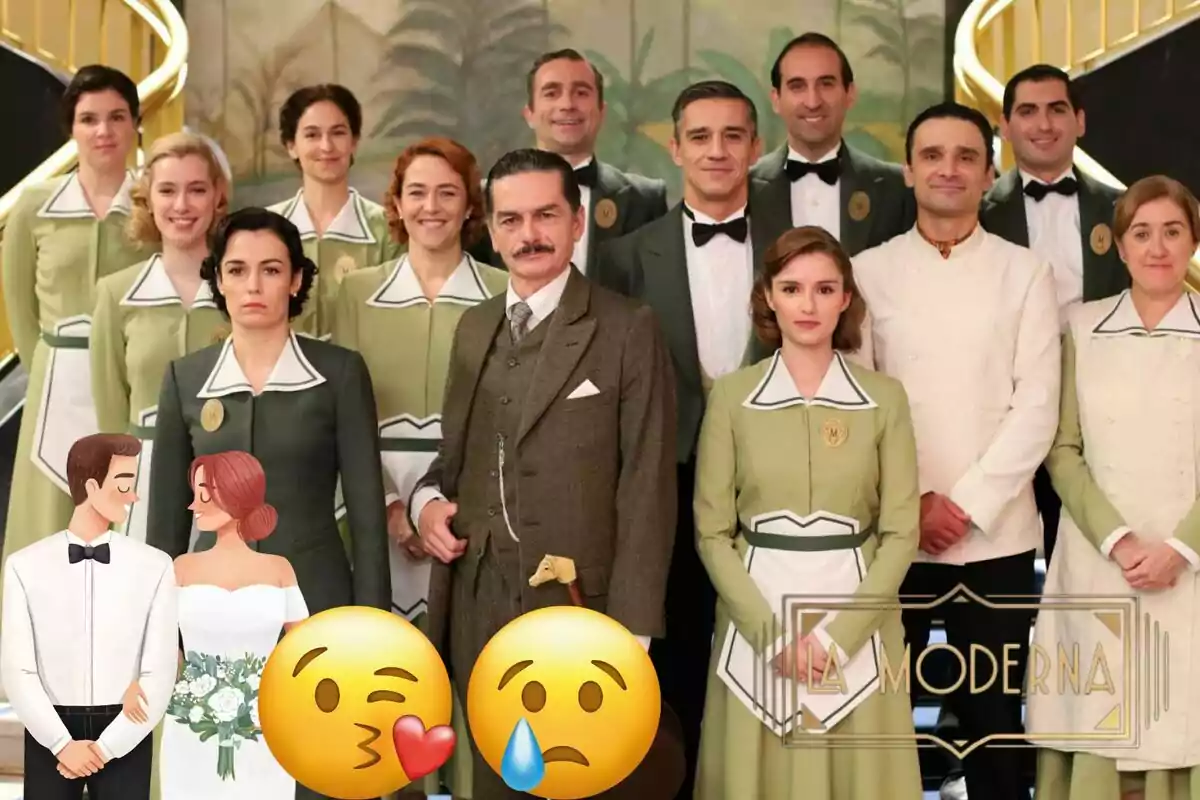 Els personatges de 'La Moderna' posant per a una foto, algunes amb uniformes verdes i altres amb vestits formals, amb emojis i una il·lustració d'una parella a la part inferior de la imatge i un rètol que diu "LA MODERNA".