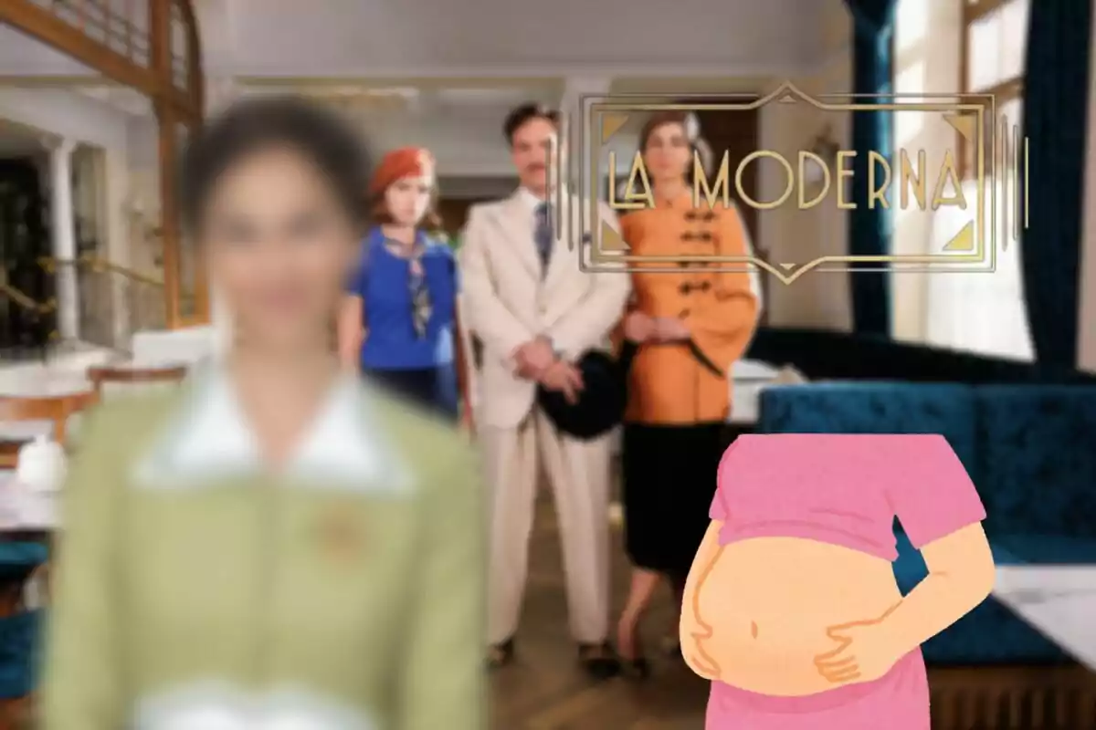 Muntatge dels personatges de 'La Moderna', Trini desenfocada, el logo de la sèrie i una embarassada