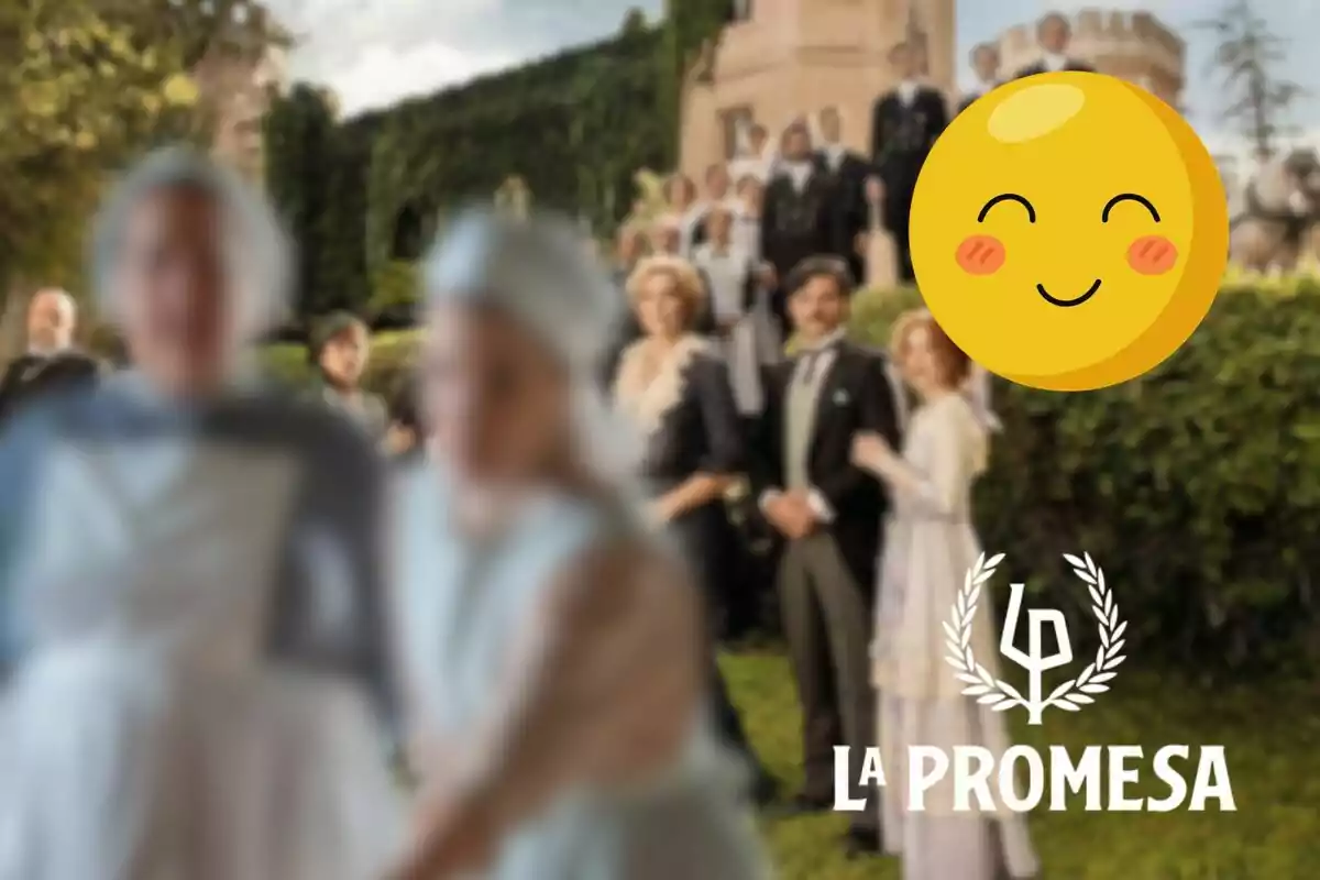 Muntatge dels personatges de 'La Promesa' al jardí, Virtudes i Simona desenfocades, un emoji feliç i el logo de la sèrie