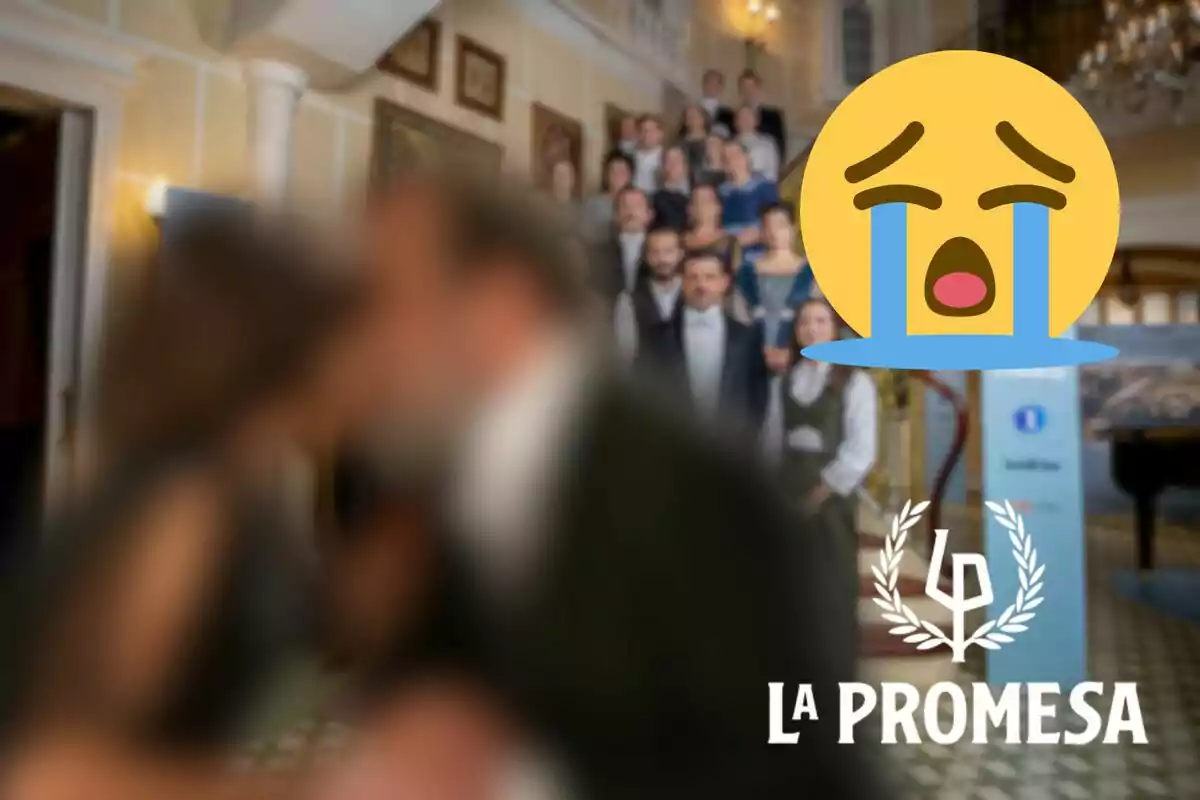 Muntatge dels personatges de 'La Promesa' en una escala, Maria Antònia i Alonso fent-se petons desenfocats, un emoji plorant i el logo de la sèrie