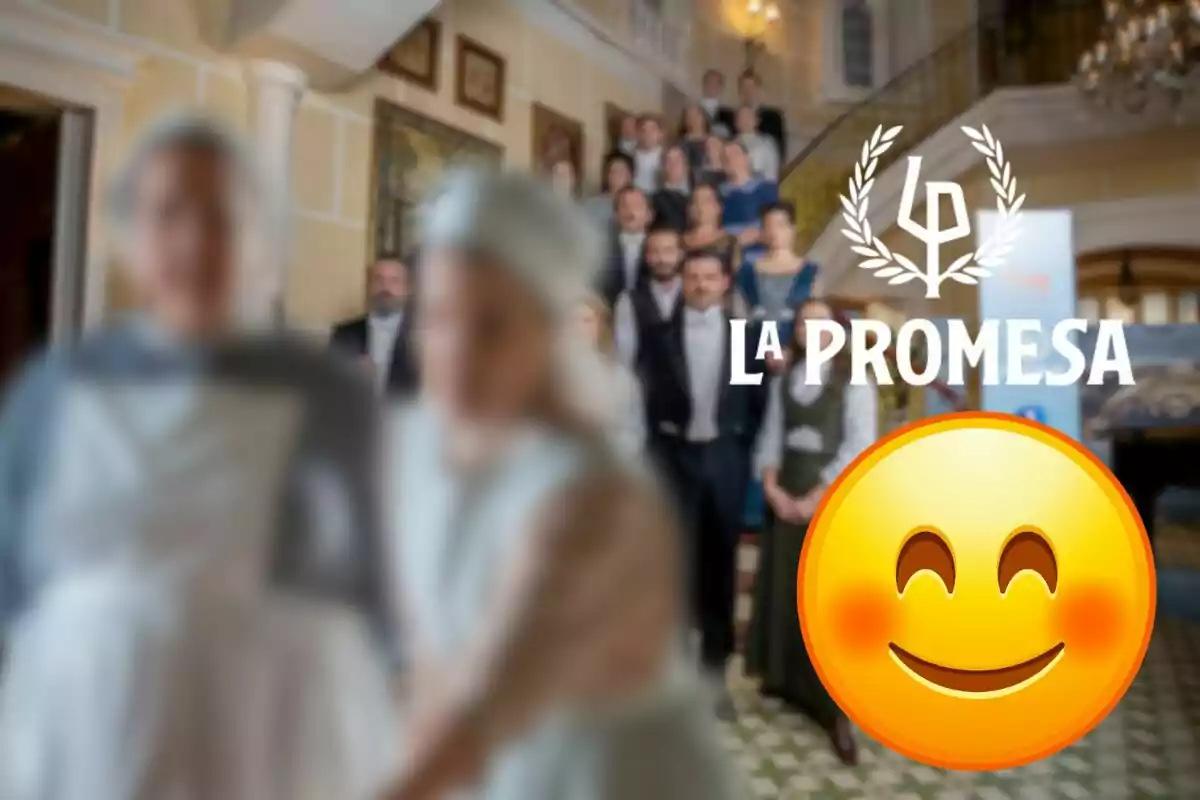 Muntatge dels personatges de 'La Promesa' en una escala, Simona i Virtudes desenfocades, el logotip de la seriosa i un emoji feliç