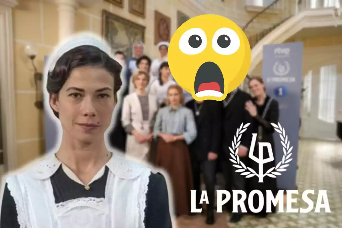 Muntatge dels personatges de 'La Promesa' en una escala, Teresa vestida de donzella, un emoji de sorpresa i el logotip de la sèrie