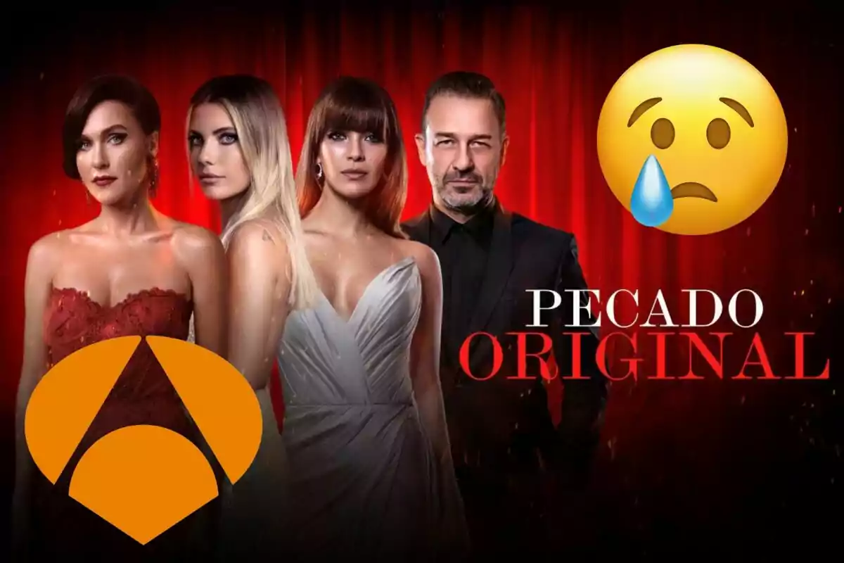 Imatge promocional de la sèrie "Pecado Original" amb quatre personatges principals davant d'un fons vermell, un emoji trist i el logotip d'Antena 3.