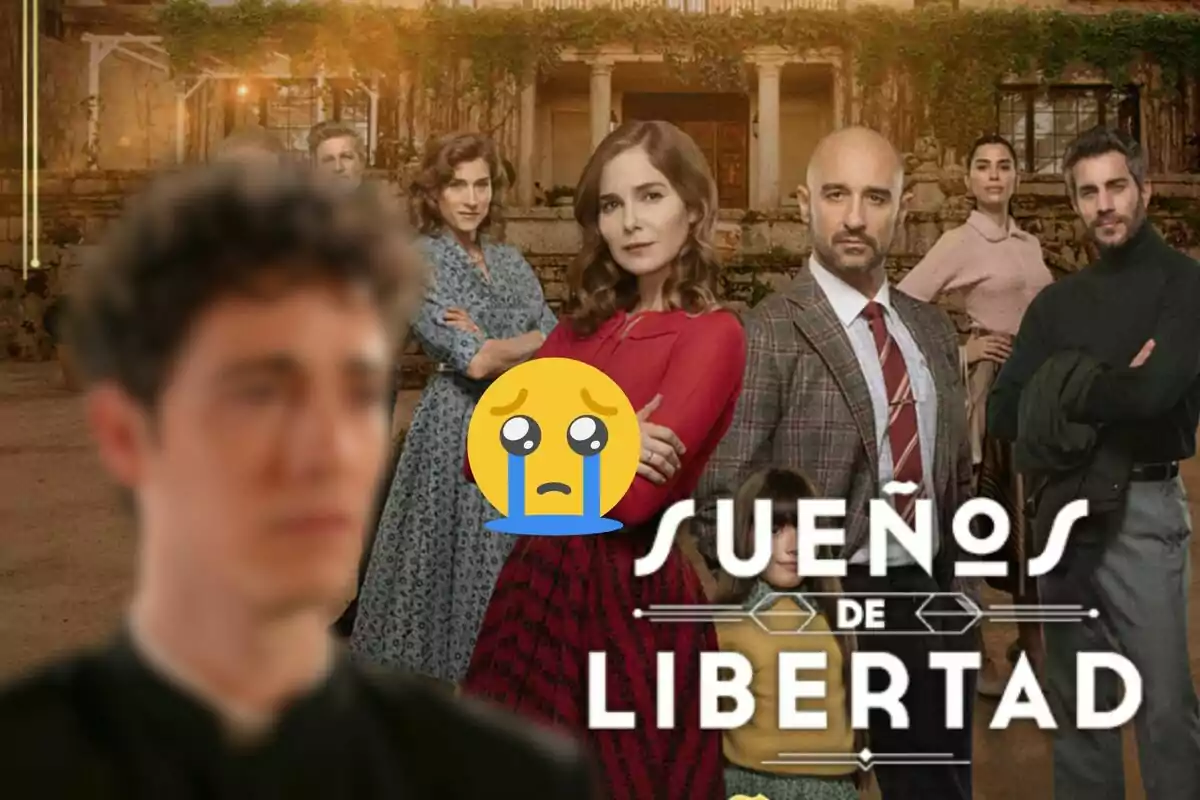 Un grup de persones posant davant d'un edifici antic amb el títol "Sueños de Libertad" i un emoji de cara plorant superposat.