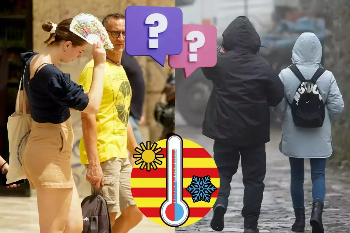 Personas caminando en clima cálido y frío, con iconos de sol, nieve y un termómetro en el centro. Personas caminando en clima cálido y frío, con iconos de sol, nieve y un termómetro en el centro.