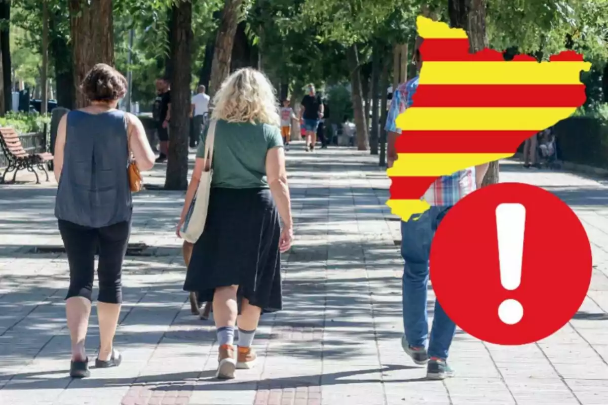 Three people walking along a tree-lined sidewalk with a warning symbol and a map of Catalonia in the foreground.